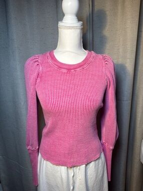 Free People Pink Knit Puff Sleeve Shirt Size M